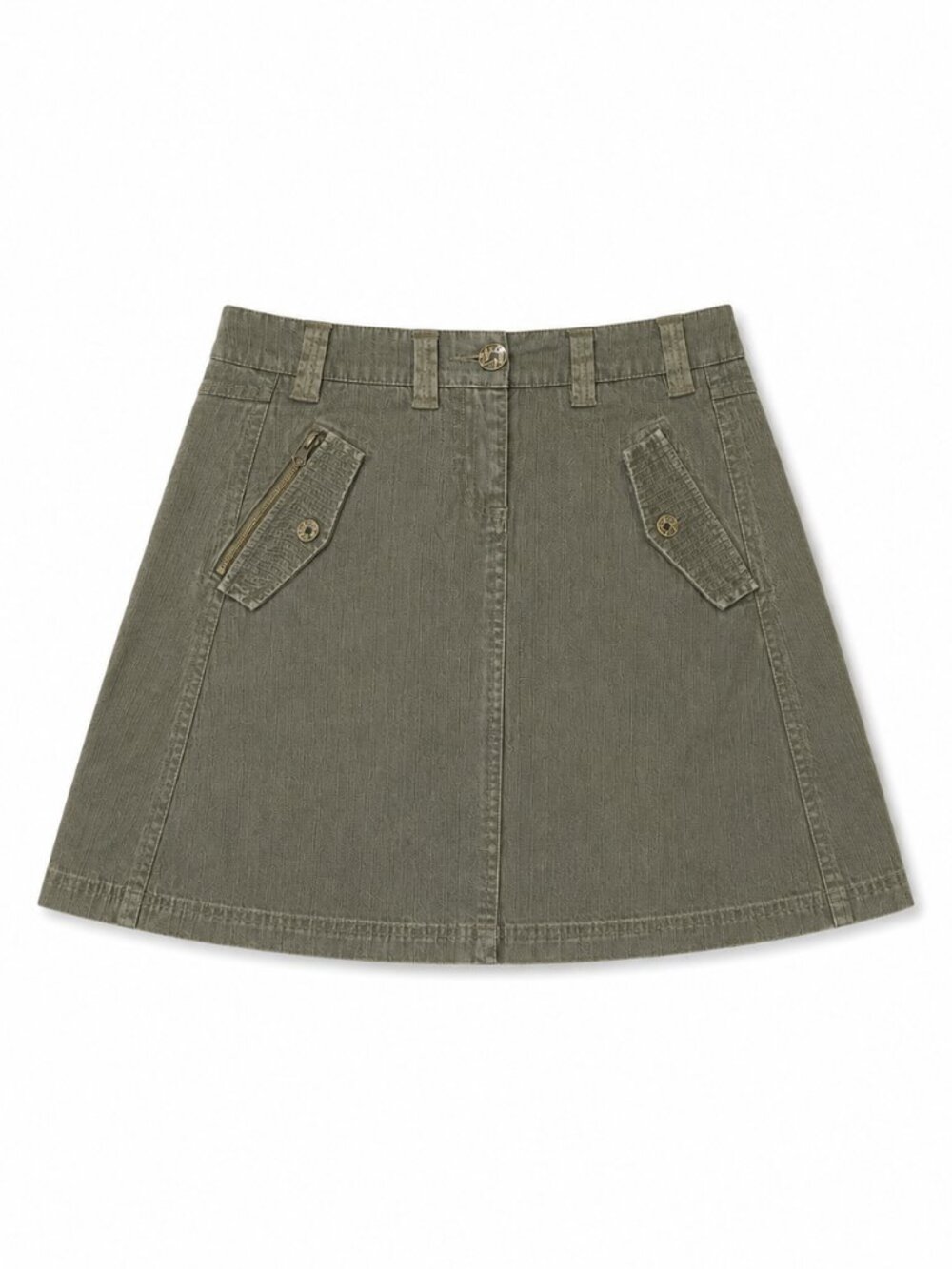 Olive Greene Knee Length Skirt with Zipper and Pocket Details, Size Small